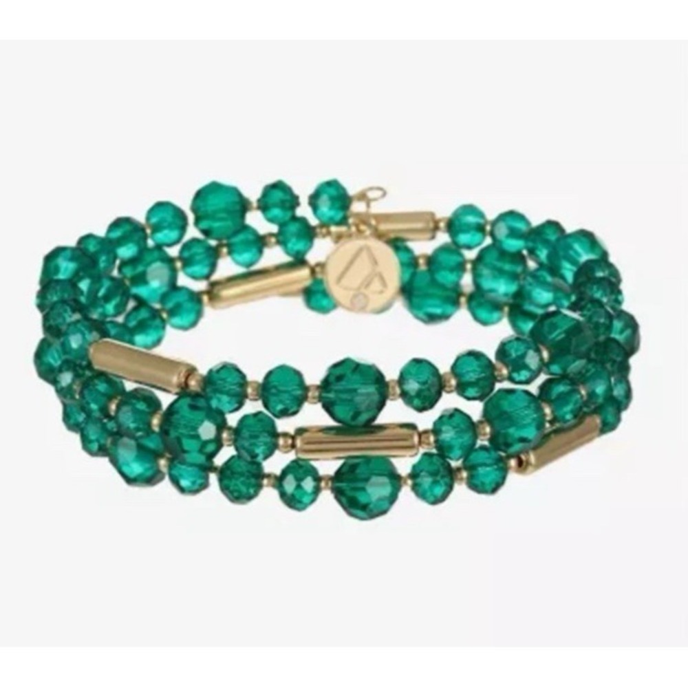 Liz Claiborne Emerald Green Crystal Beaded Wrap Coil Bracelet Gold‎ Tone Earthy